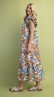 Fall Floral Ruffle Shoulder Midi Dress