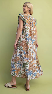 Fall Floral Ruffle Shoulder Midi Dress