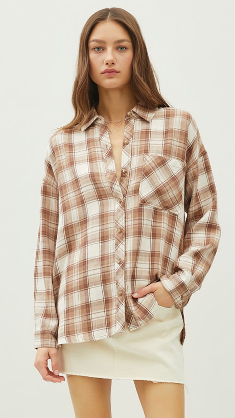 Lt Wt Plaid Button Front L/S Top