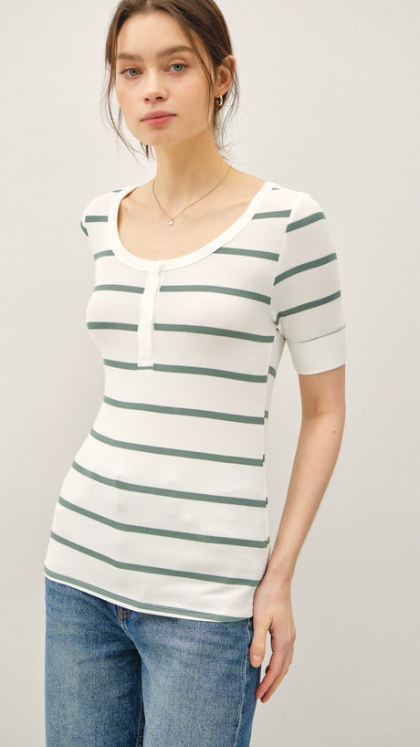 Striped Ribbed Knit Snap Front Top