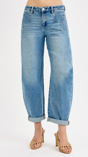 Mid Rise Welt Pkt Barrel Jeans