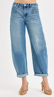 Mid Rise Welt Pkt Barrel Jeans