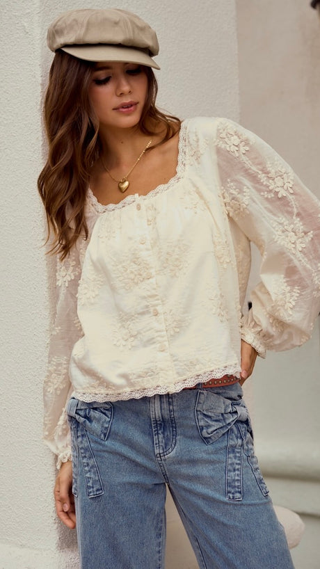 Floral Lace Bubble Sleeve Top