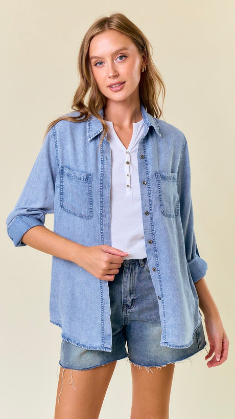 Tencel Denim Roll Cuff Button Up Top