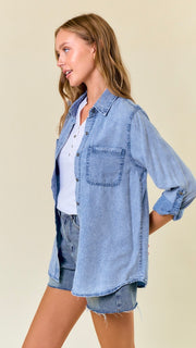 Tencel Denim Roll Cuff Button Up Top
