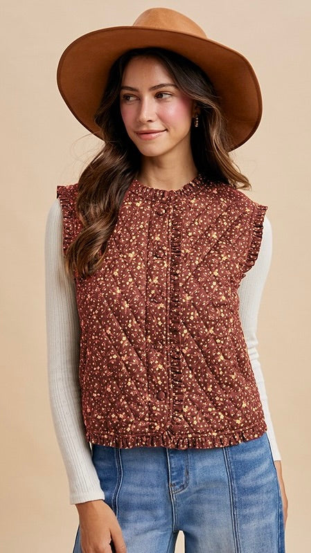 Quilted Floral Ruffle Trim Vest