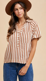 Stripe Puff Sleeve Henley Top