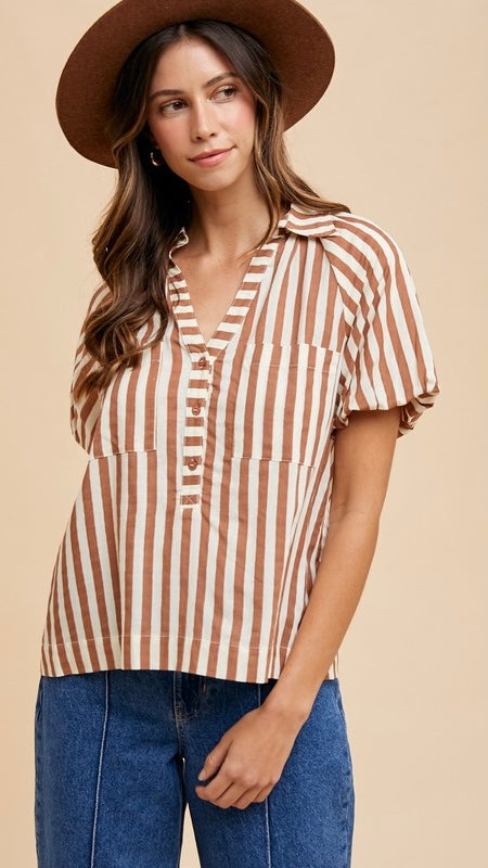 Stripe Puff Sleeve Henley Top