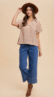 Stripe Puff Sleeve Henley Top