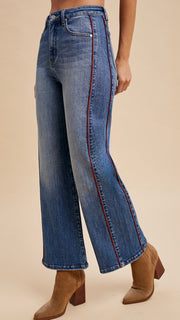 High Rise Side Piping Wide Leg Jean