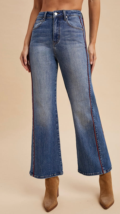 High Rise Side Piping Wide Leg Jean