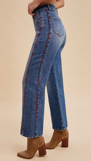 High Rise Side Piping Wide Leg Jean