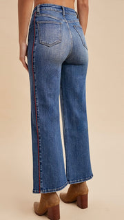 High Rise Side Piping Wide Leg Jean