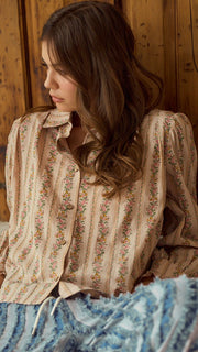 Floral Stripe Ruffle Cuff Top