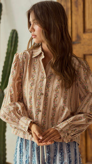Floral Stripe Ruffle Cuff Top