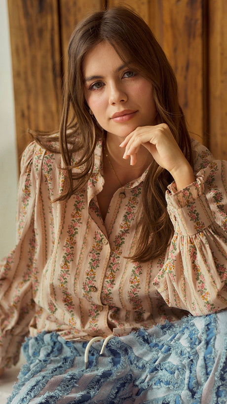 Floral Stripe Ruffle Cuff Top