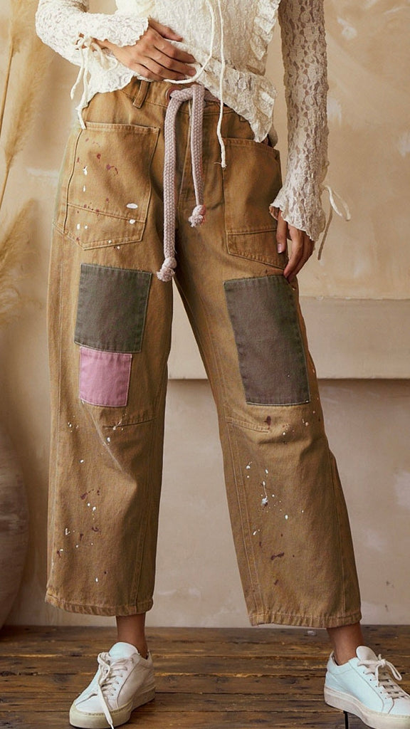 Splatter Patch Rope Tie Waist Jeans