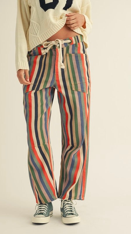 Multi-Stripe Rope Tie Waist Slouch Pants