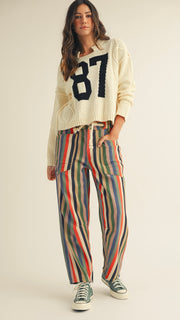 Multi-Stripe Rope Tie Waist Slouch Pants