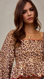 Leopard Embroidered Scallop Trim Top