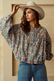Floral Gathered Denim Jacket w/Pockets