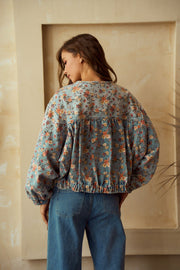 Floral Gathered Denim Jacket w/Pockets