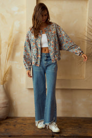 Floral Gathered Denim Jacket w/Pockets