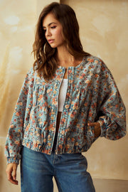 Floral Gathered Denim Jacket w/Pockets