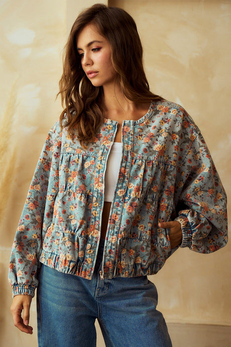 Floral Gathered Denim Jacket w/Pockets