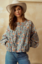 Floral Gathered Denim Jacket w/Pockets