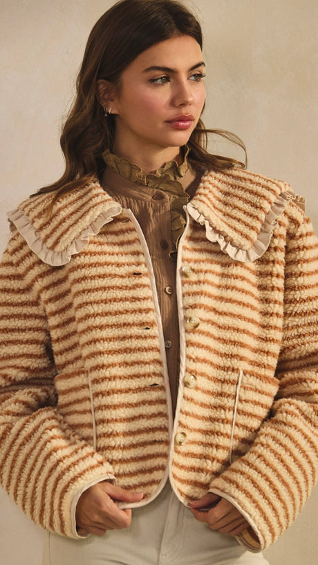 Stripe Sherpa Fleece Jacket Satin Trim