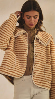 Stripe Sherpa Fleece Jacket Satin Trim