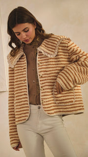 Stripe Sherpa Fleece Jacket Satin Trim