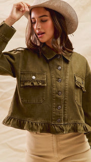 Ruffle Hem Tab Denim Jacket