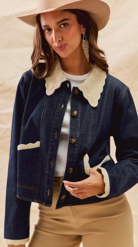 Scallop Cord Trim Raw Denim Jacket