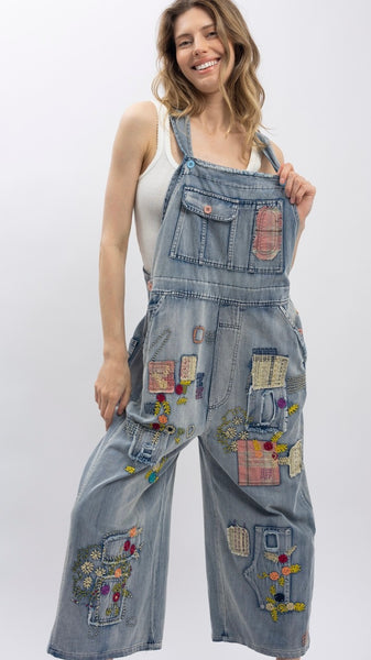 Boho Patchwork+Embroidered Overalls