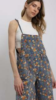 Floral Print Wide Leg Denim Overalls