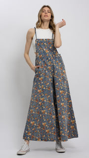 Floral Print Wide Leg Denim Overalls