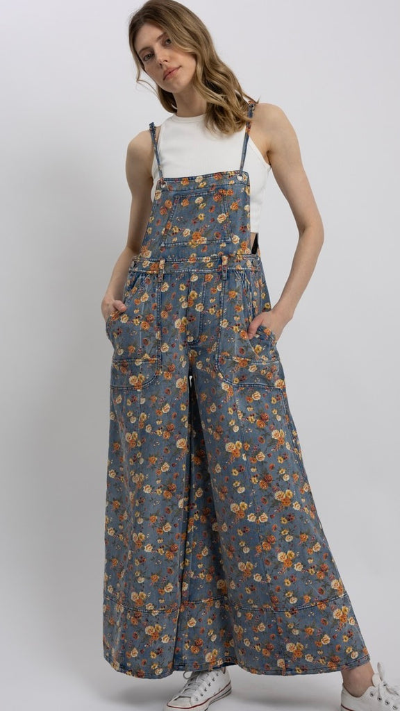 Floral Print Wide Leg Denim Overalls