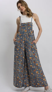 Floral Print Wide Leg Denim Overalls