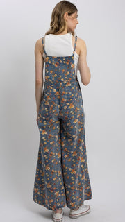 Floral Print Wide Leg Denim Overalls