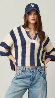 Vert Stripe Split Neck Slouch Sweater