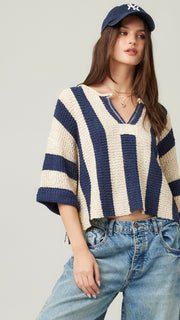 Vert Stripe Split Neck Slouch Sweater