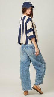 Vert Stripe Split Neck Slouch Sweater