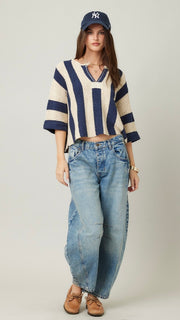 Vert Stripe Split Neck Slouch Sweater