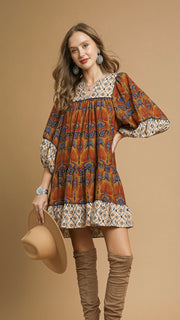 Boho Mixed Print Bubble Slv Dress