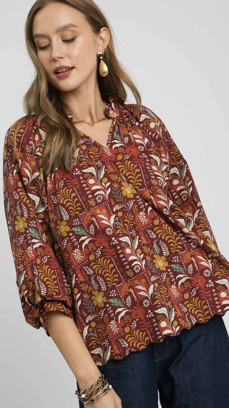 Botanical Print Bubble Sleeve Top