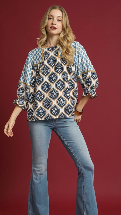 Velvet Trim Hi-Lo Geometric Top