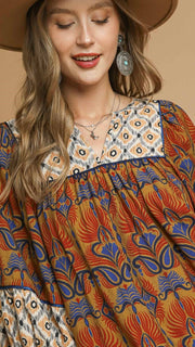 Boho Mixed Print Bubble Slv Dress