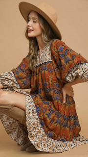 Boho Mixed Print Bubble Slv Dress